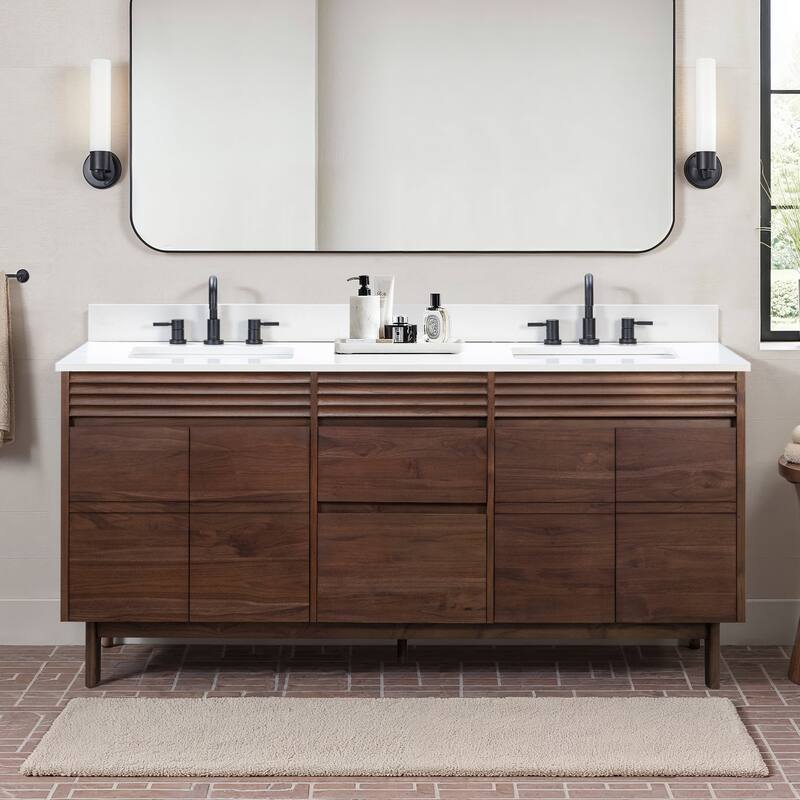 Avanity Carina Bathroom Vanity in Coffee Teak with White Engineered Stone Top - 73" Double Sink