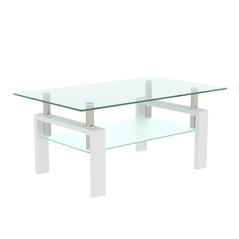 Modern Clear Coffee Table with Metal Base and Storage Shelf