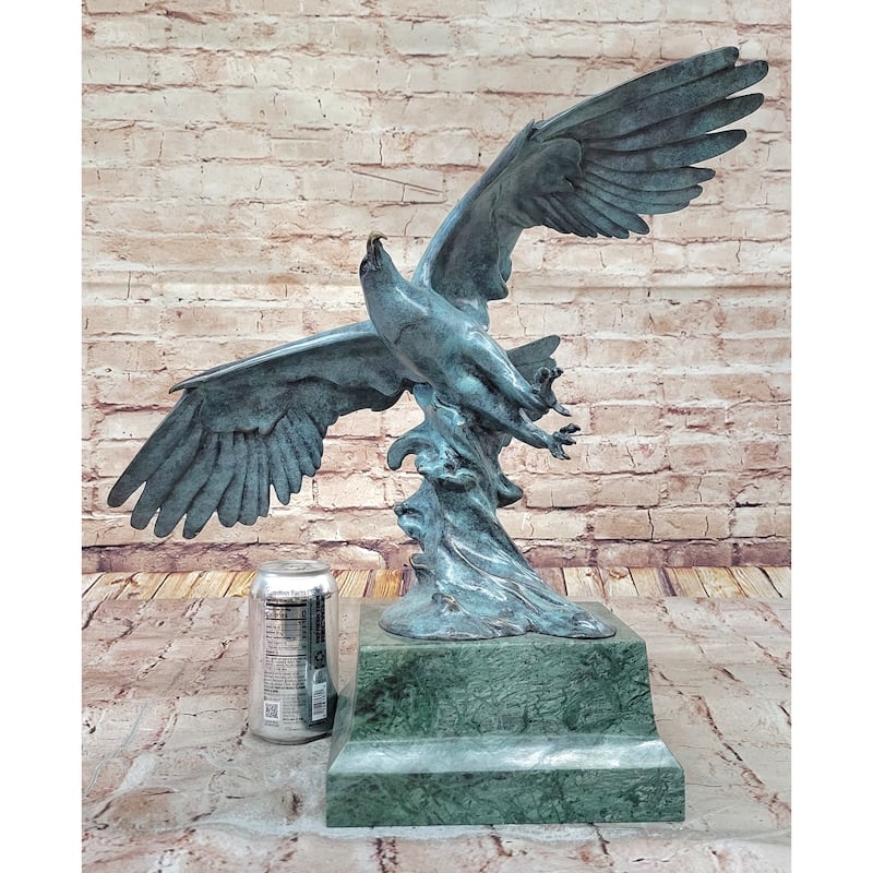 American Bald Eagle Wings Spread Green Bronze Sculpture Statue On Marble Base