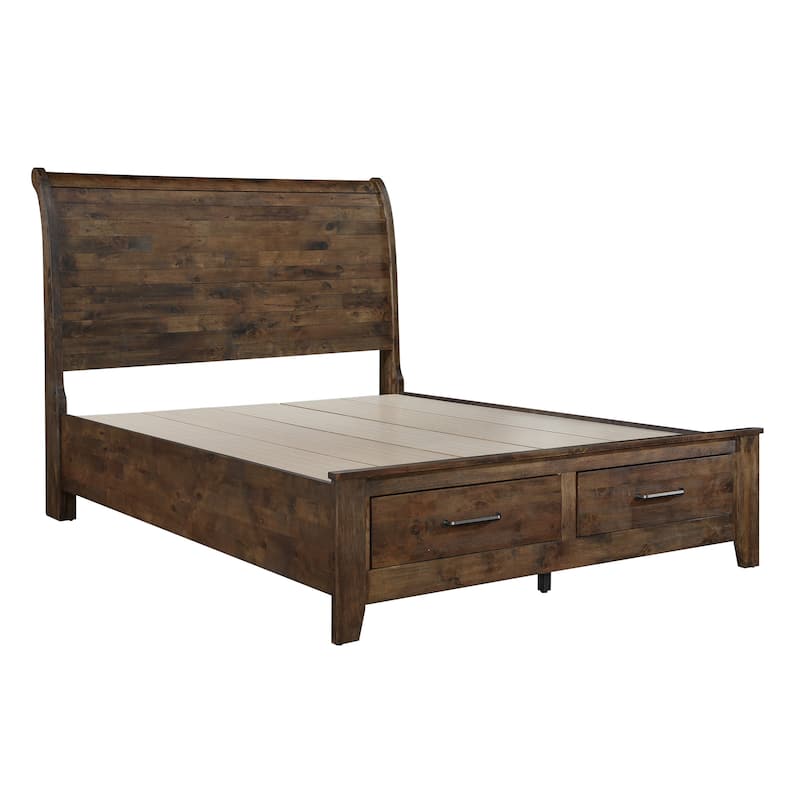 Rick Queen Size Platform Bed, Sleigh, 2 Footboard Storage, Brown Rubberwood