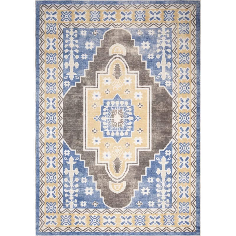 Machine Washable Collection Brown/Yellow/Blue Medallion Area Rug - 2' X 3'3''