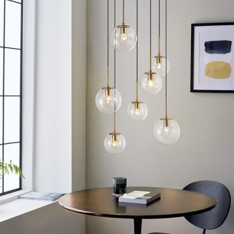 7-Light Modern Linear Cluster Gold Clear Glass Globe Bubble Chandelier Light for Stairways - 23.62 in. W x 47.24 in. H