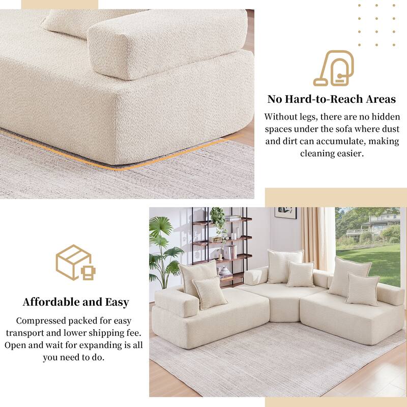 Oversized Modular L Shaped Sofa, Convertible Compressed Couch, Beige Boucle 3 PC Free Combo for Living Room