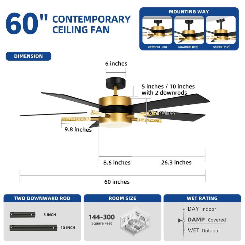 Moasis 5 Blades 60'' Ceiling Fan with Lights and Remote Control,Crystal Rod Design and Memory Function