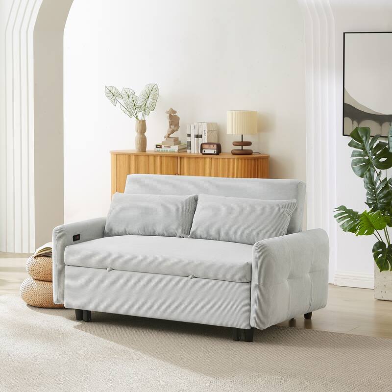Convertible Sofa Bed Pull-out Sofa Couch 2 Seat Loveseat Sofa Modern Sleeper Sofa with 2 Throw Pillows and USB Ports