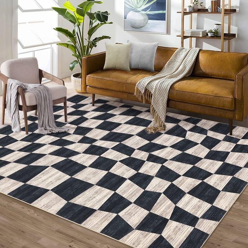 Modern Geometric Checkered Rug Washable Area Rug Low Pile Stain Resistant Throw Rug - 9'x12' - Dark Blue
