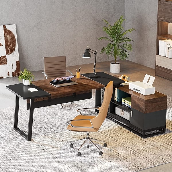 67 L Shaped Executive Desk with 55 File Cabinet for Home Office