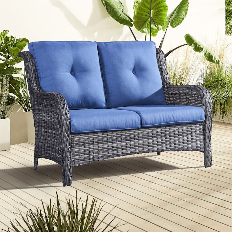 Gymojoy Outdoor Loveseat Wicker Sofa Set Rattan Sofa - Grey/Blue