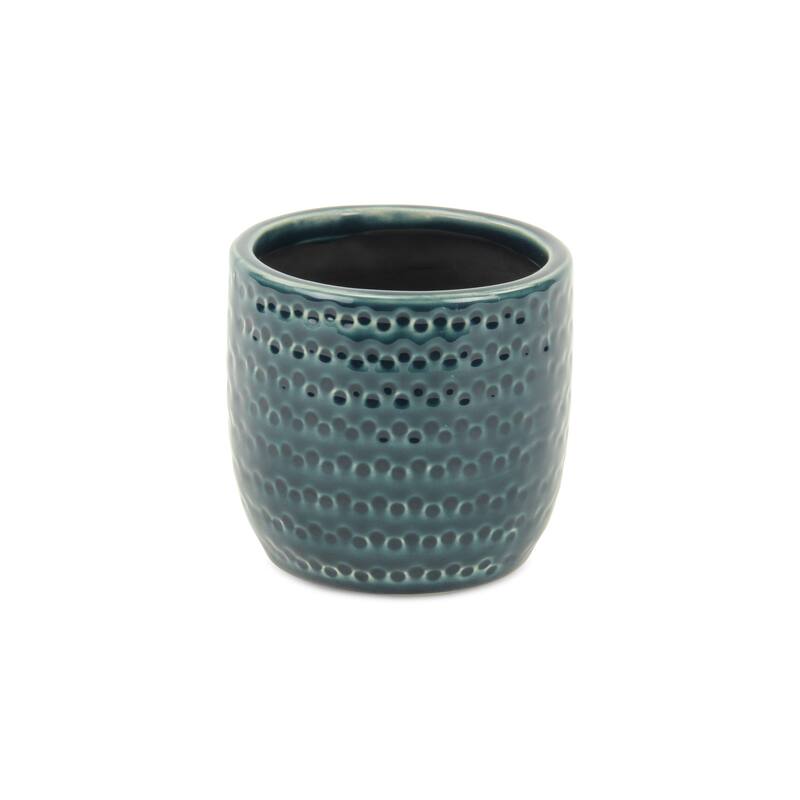 HomeRoots Teal Blue Ceramic 17 Ounce Dotted Round Distressed Pot Planter - 4.25 in. x 4.25 in. x 4.25 in.