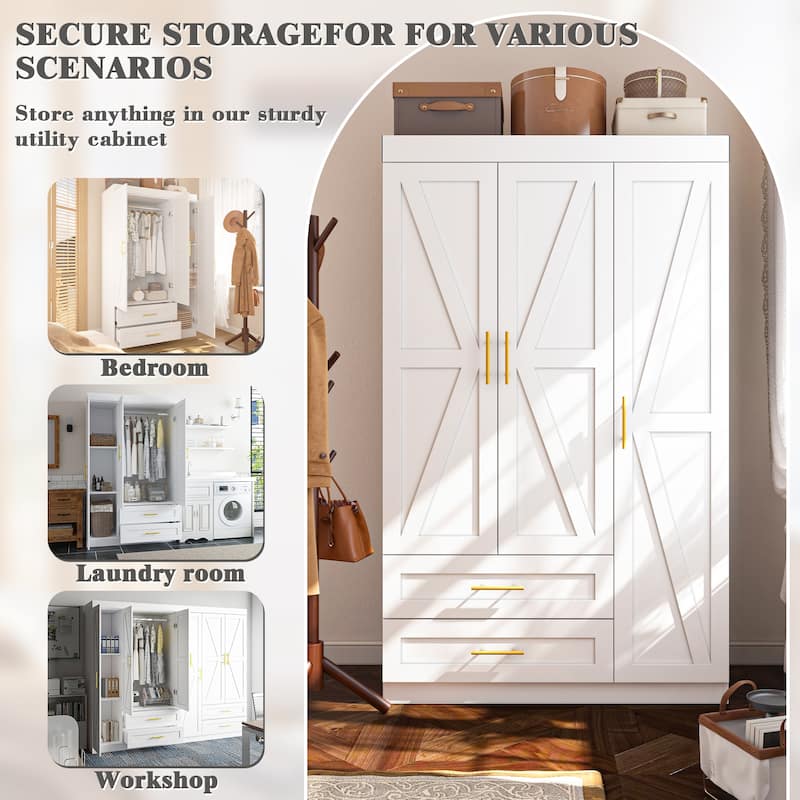 Classic Three-Door Wardrobe,Wood Bedroom Armoire with Hanging Rod and Shelves,Spacious Storage Closet,Modern Farmhouse Design