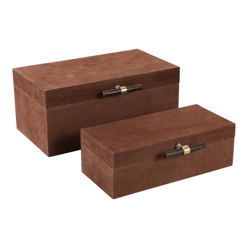 Decorative Retangular Suede Box with Lid - Set of 2, 14", Brown - 14.0"