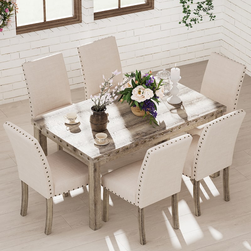 Morden Fort Farmhouse Dining Table Set Rectangular Chair 7-piece - Beige