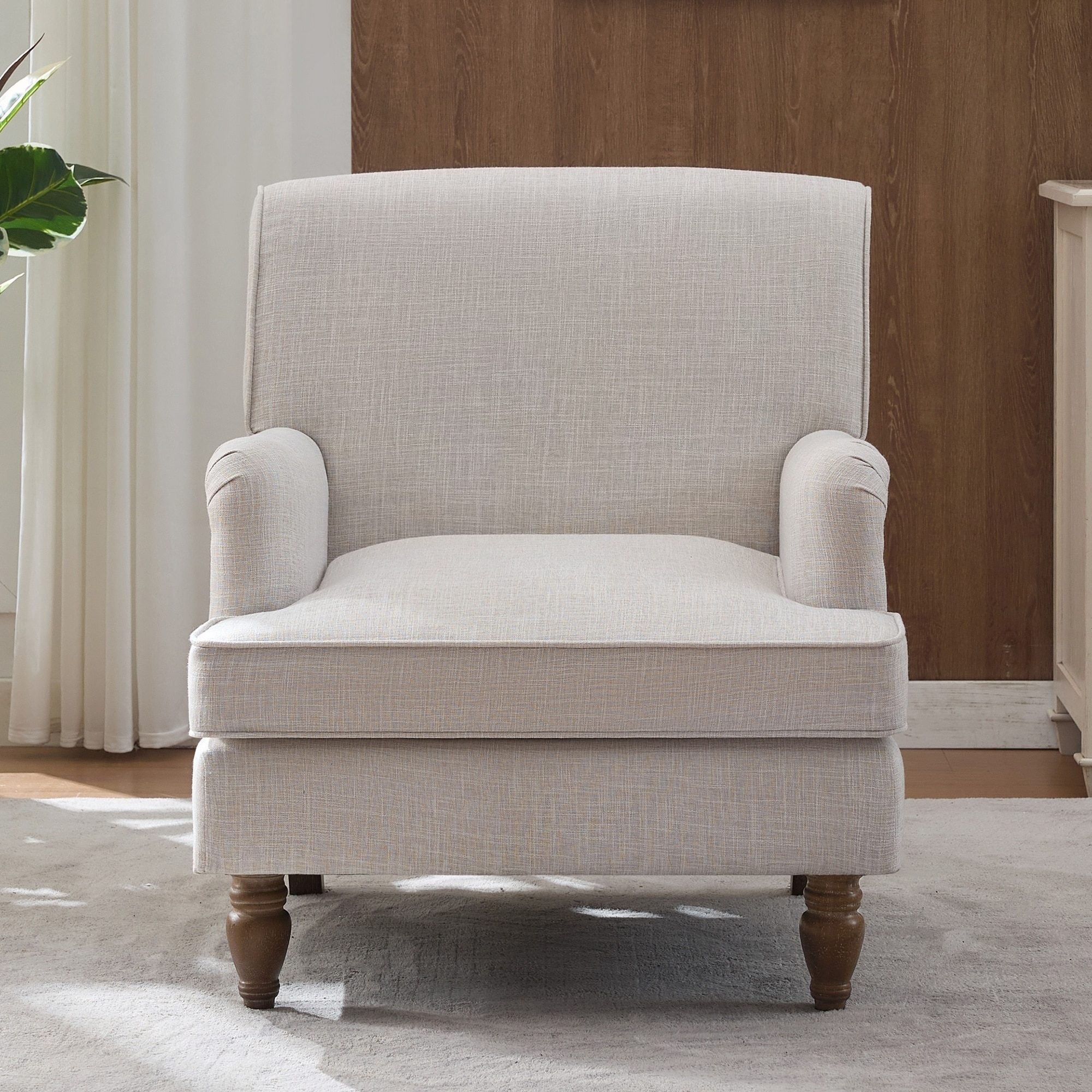 Vintage Upholstered Linen Fabric Armchair with Antique Solid Wood Legs for Living Room and Bedroom