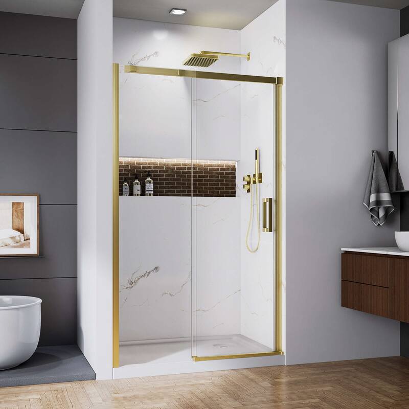 48" x 74" Glass Shower Door Framed Sliding Adjustable Brushed Nickel Clear Shower Enclosure with Hardware Kit