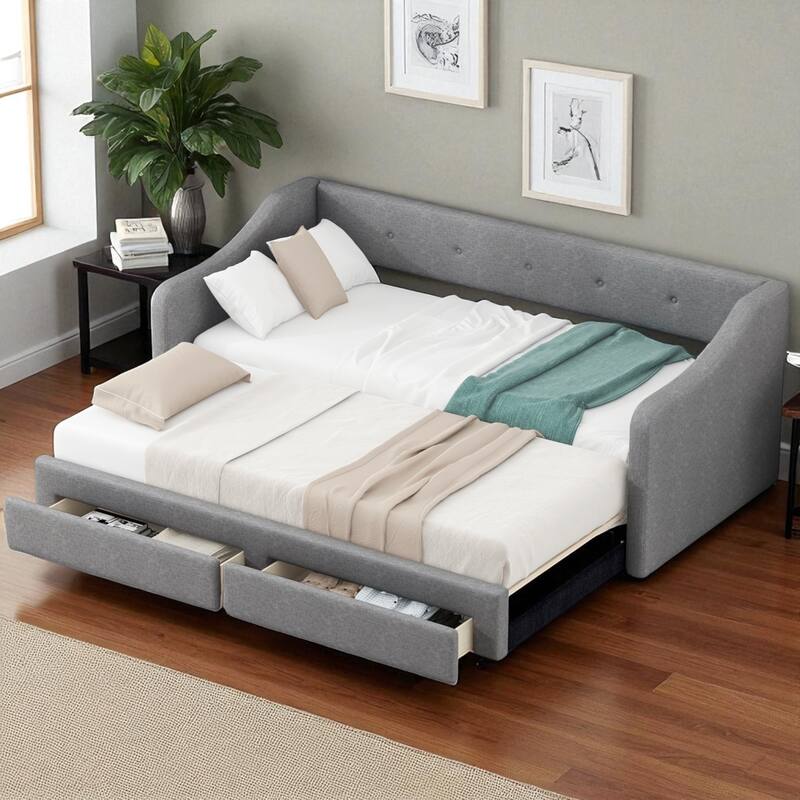 Twin XL Upholstered Daybed with Trundle, Converts to King, 2 Storage Drawers, No Box Spring Needed