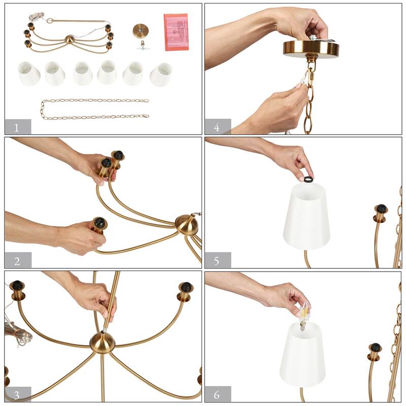 Mid-Century Modern Gold 6-Light Wheel Chandelier with Fabric Shade for Dining Room - 27" D x 24.5" H