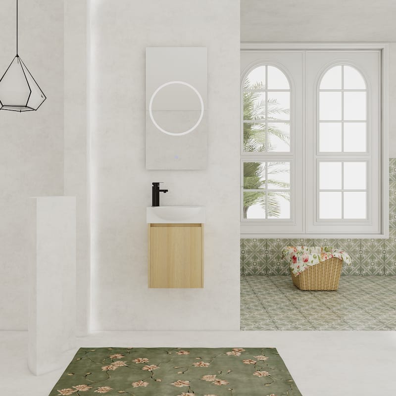 GDFStudio - Levistar Modern Wall-Mounted Bathroom Vanity with Scratch-Resistant Sink & Soft Close Door for Small Space - 16" - Oak