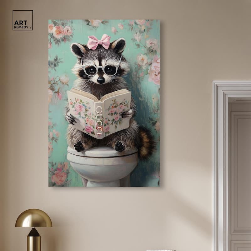 Petite Floral Toilet Raccoon Canvas by Art Remedy, Gallery Wrapped