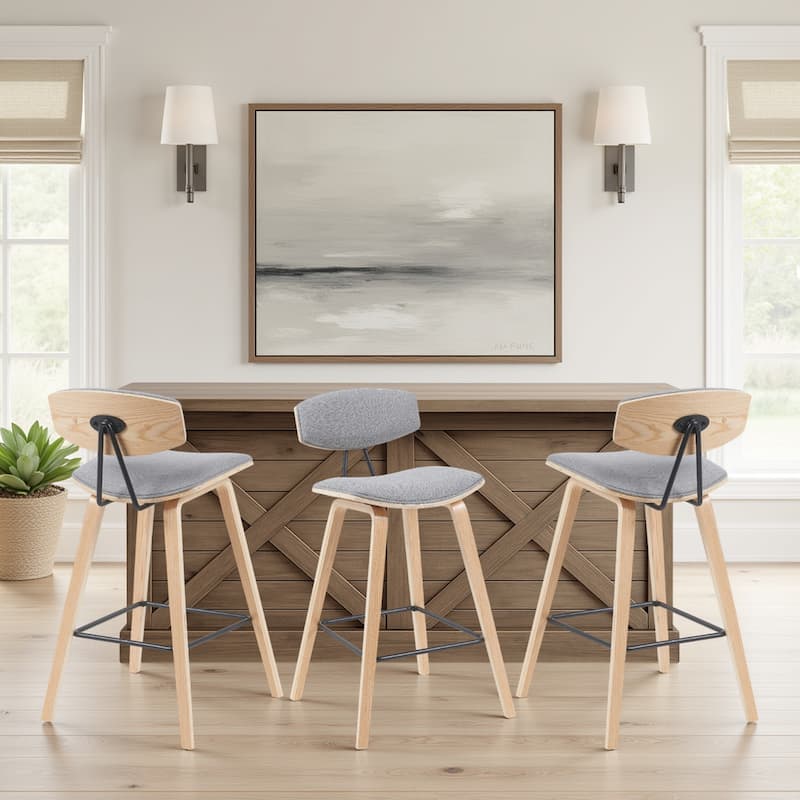 Fox Mid-Century Bar Stool, Upholstered Counter Height Chair with Bentwood Legs - Set of 3 - Grey Fabric & Oak - Bar Height