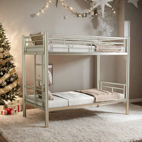 slide 2 of 11, Twin Over Twin Metal Bunk Bed with Convertible Design and Guardrail,Kids Bed Design Black