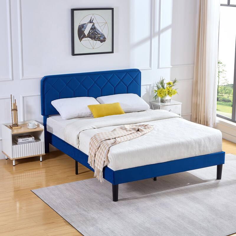 VECELO Adjustable Height Velvet Upholstered Bed Diamond Tufted Headboard with 7.8" Underbed Storage No Box Spring Needed