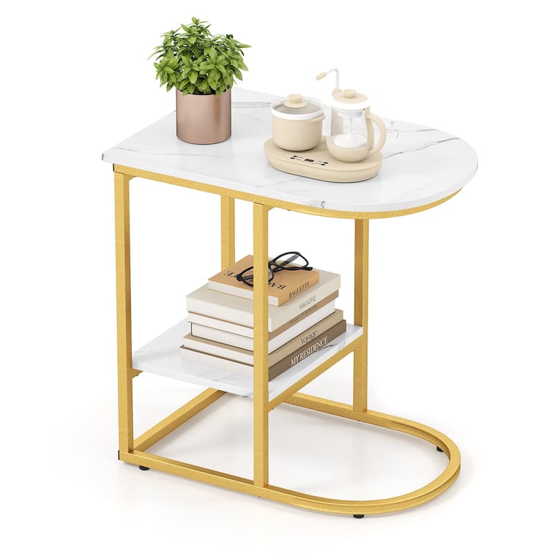 2 Tier Faux Marble C Shaped Bedside End Table with Metal Frame for Living Room Decor or Bedroom - 24" x 16" x 24"