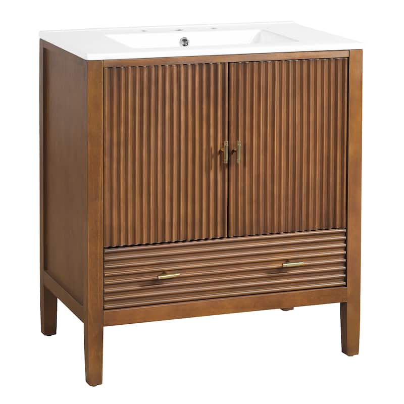 Christopher Knight Home - Mid-Century Freestanding Bathroom Vanity with Ceramic Sink, Flip-Up & Dual Drawers