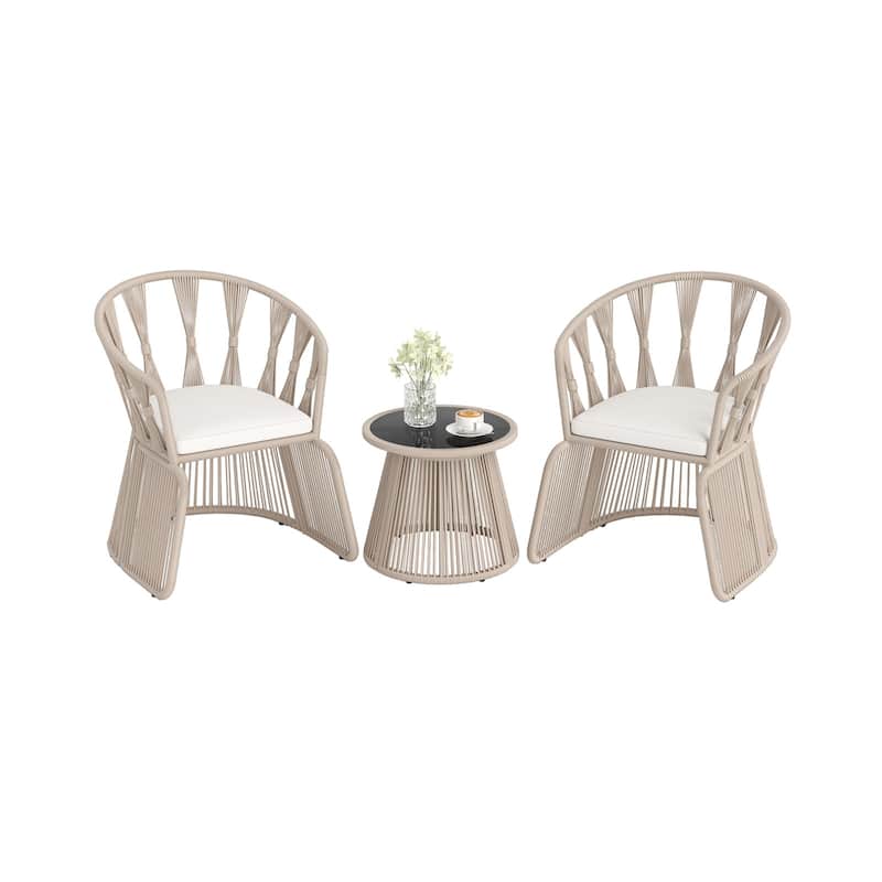 3 Piece Beige Rope Woven Metal Patio Bistro Set with Off White Cushions and Table - Chair: 27.5" x 25.5" x 31" (L x W x H)
