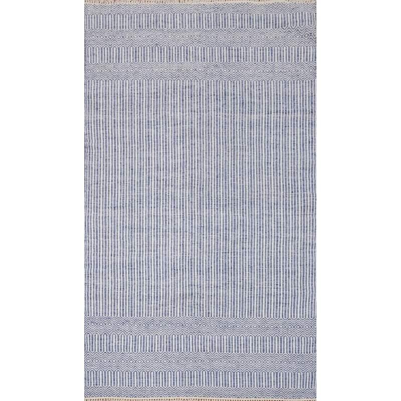 Hand Woven Oriental 100% Wool Carpet Traditional Geometric Navy Blue & Blues Durrie-Kilim Area Rug - 8' 1'' X 5' 0''