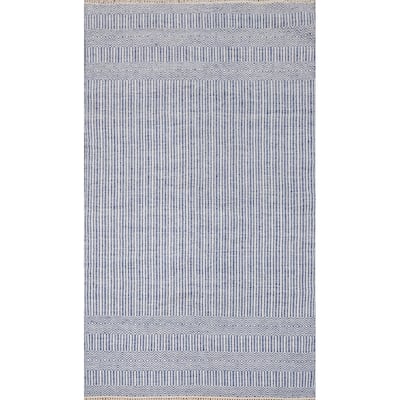Hand Woven Oriental 100% Wool Carpet Traditional Geometric Navy Blue & Blues Durrie-Kilim Area Rug - 8' 1'' X 5' 0''