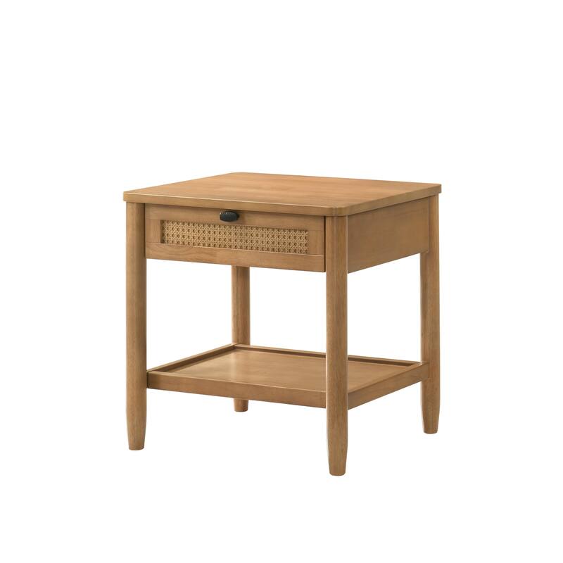 Light Walnut Single-Drawer Nightstand with Shelf and Decorative Woven Pattern