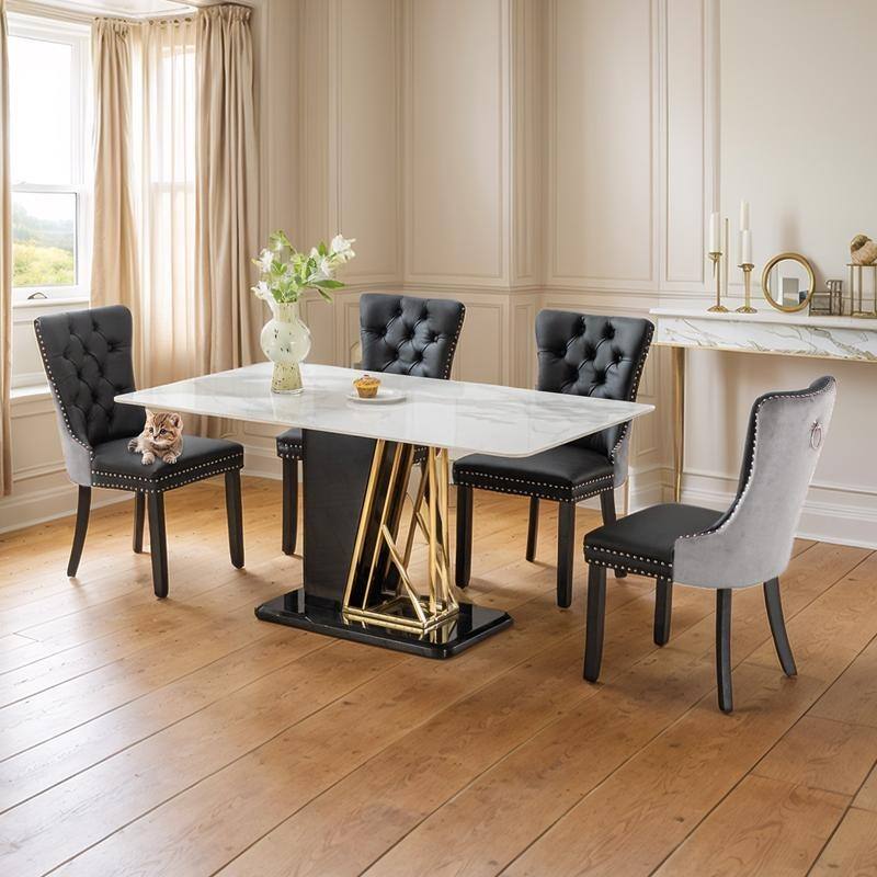 High-end Tufted Velvet Upholstered Nailhead Dining Chair Set of 4 - Black Grey