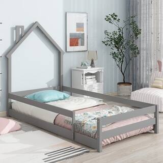 Twin Size Wood bed with House-shaped Headboard Floor bed with Fences