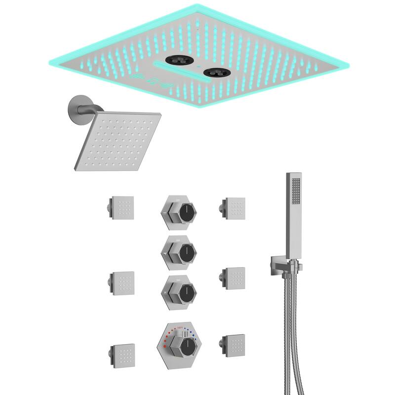 Shower Faucet Set Dual Heads with 3 Spray Modes 16" Ceiling and 6" Wall Mount Body Jets Handheld Spray LED Music
