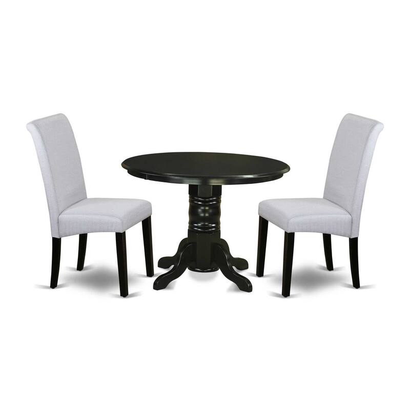 Small Round Kitchen Dining Set - 3Pc Table & Chairs - Linen Grayish Blue Fabric - Modern Baroque Design