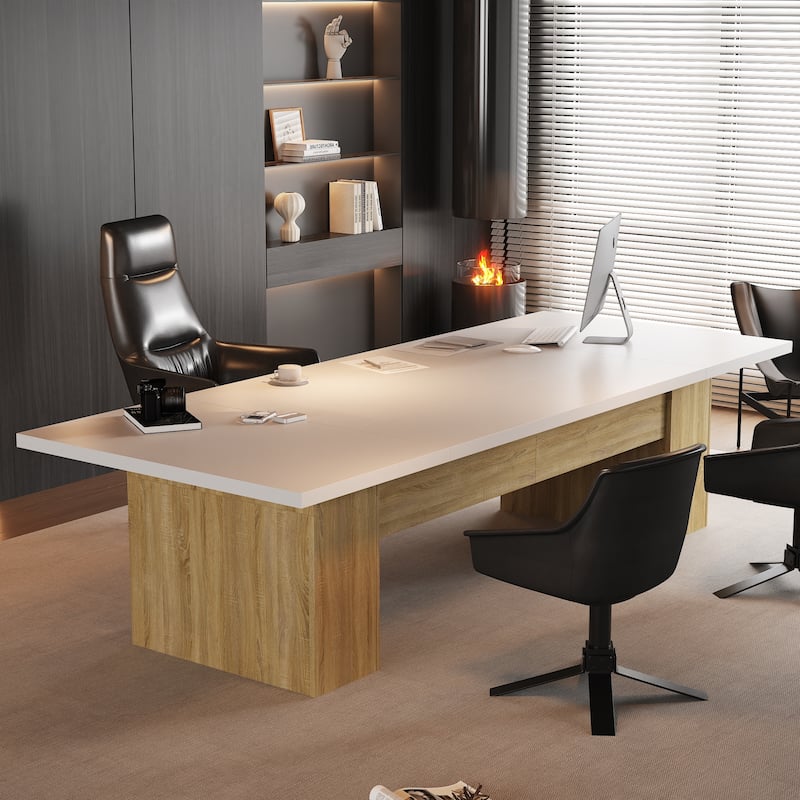 Extra Long Wood Rectangular Dining Table Meeting Table,Oak & White - 126"L