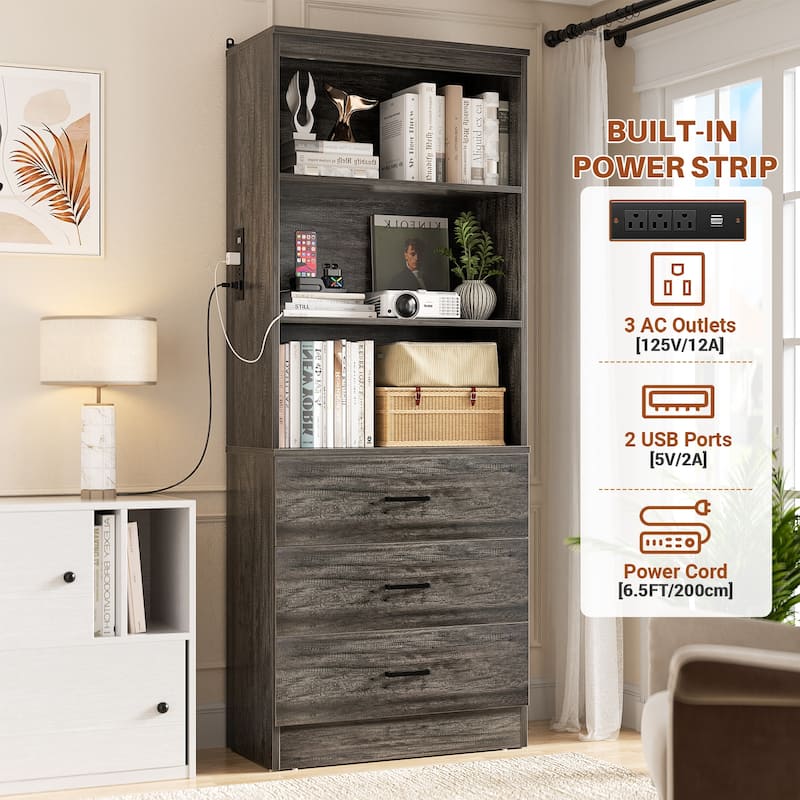 6-Tier 23.6'' Display Cabinet with Charging Station and Drawers, Bookcase Storage Shelf Kitchen Pantry