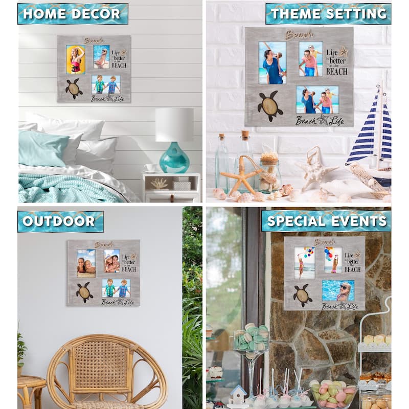 CoTa Global White Distressed Wood Coastal Sea Turtle Multi Photo Frame - 14 inches