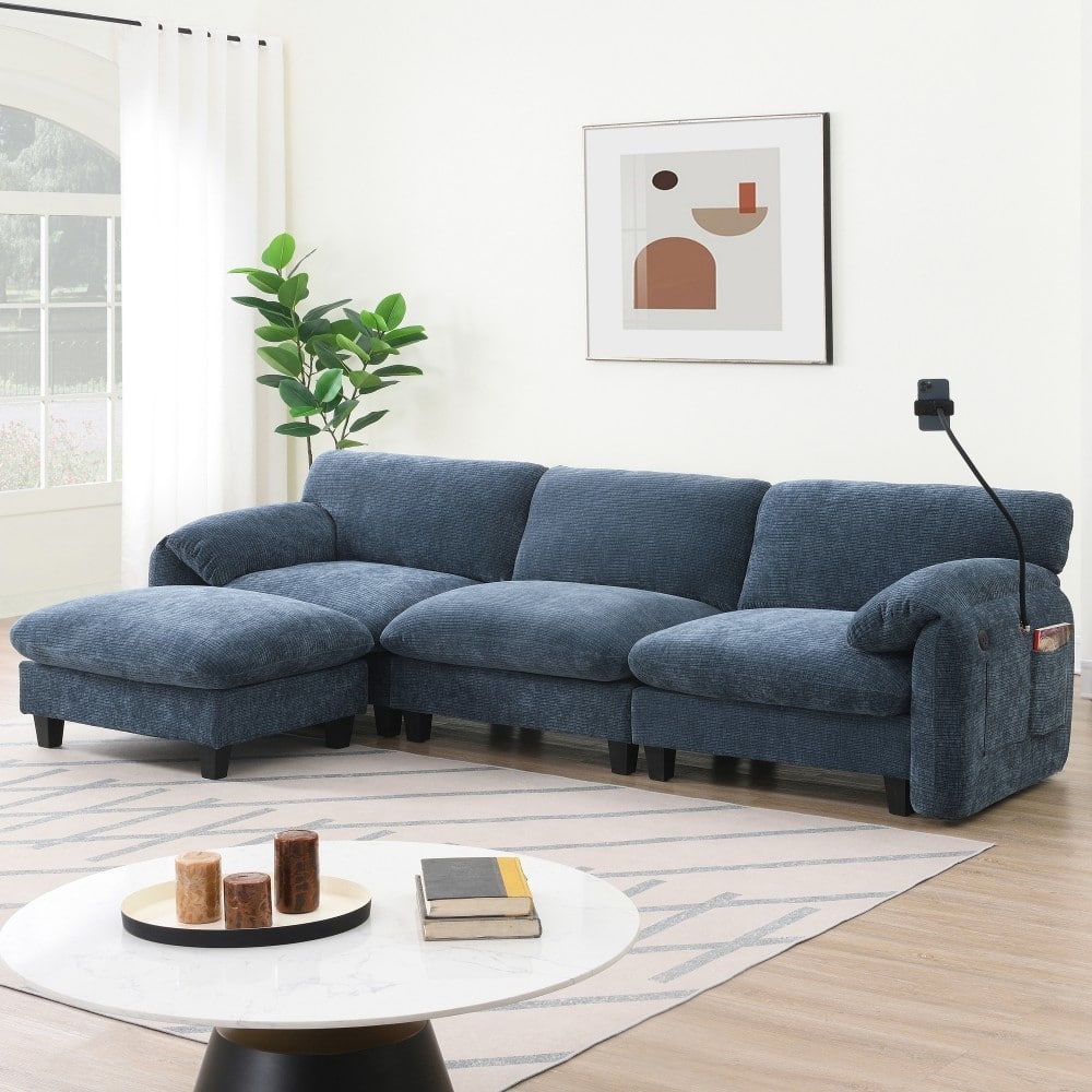 108" Modular Chenille L-shaped Sectional Sofa with 31.5" Extra-wide Seat Cushion, USB and Type-C Charger