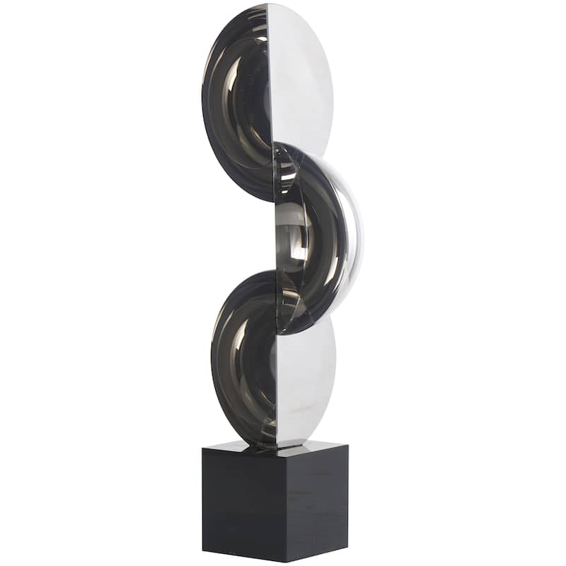 Dark Gray Crystal Quartered Stacked Orbs Geometric Decorative Sculpture with Square Black Base