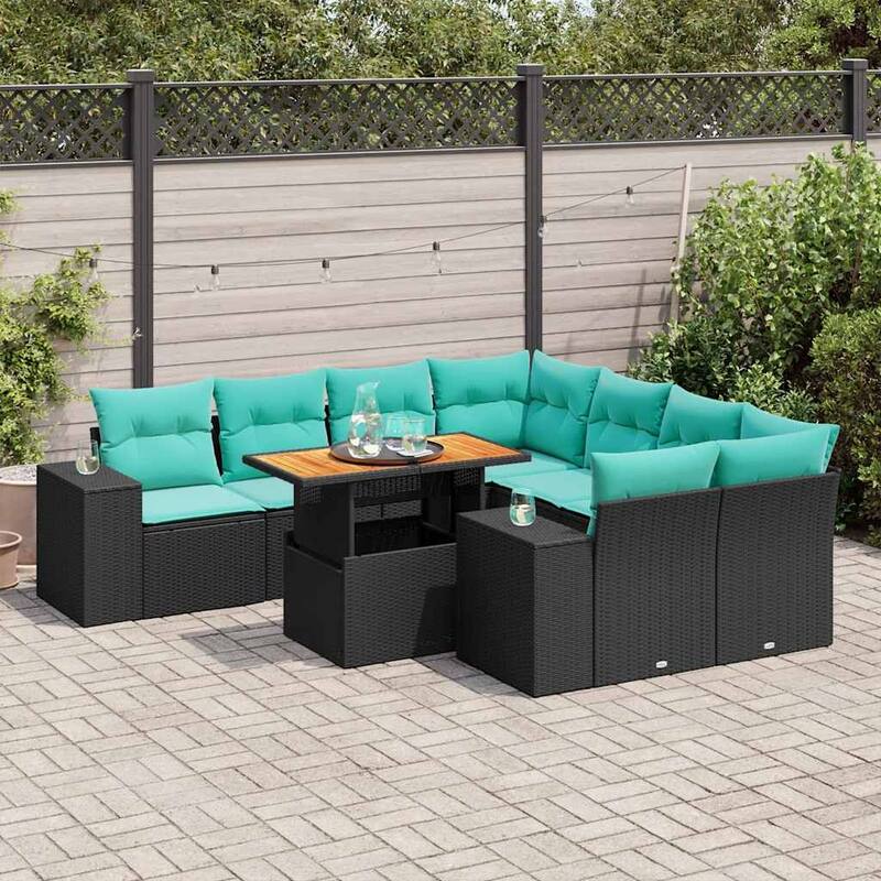 vidaXL 9 Piece Patio Sofa Set with Cushions Black Poly Rattan - 21.7 x 24.4 x 27.2