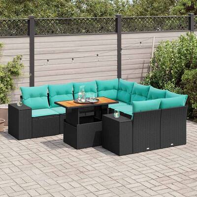 vidaXL 9 Piece Patio Sofa Set with Cushions Black Poly Rattan - 21.7 x 24.4 x 27.2