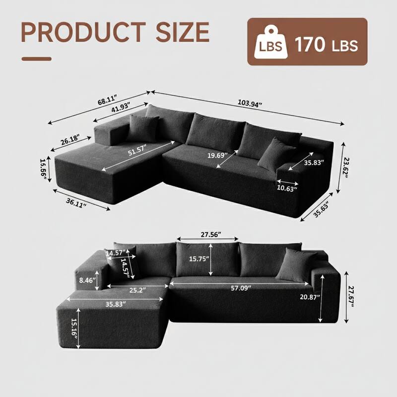 103.54" L-Shaped Modern High-Density Sponge Velvet Modular Sectional Sofa with Chaise & Pillows