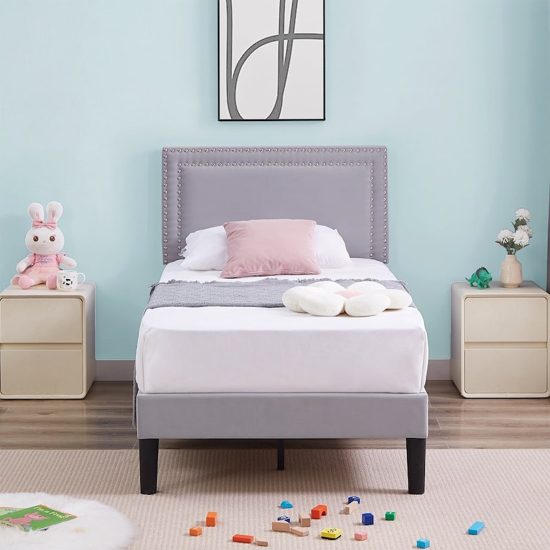 VECELO Twin Size Kids Beds Set of 2 Adjustable Headboard Soft Upholstered Headboard with Rivet Detail 8" Underbed Storage
