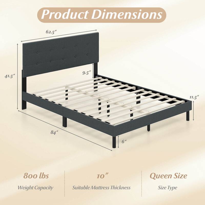 Costway Queen Size Bed Frame Linen Upholstered Platform Bed Frame with