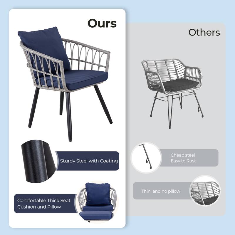 5-Piece Outdoor Wicker Bistro Chairs Set with 2 Armchair, 2 Ottoman, and Coffee Table