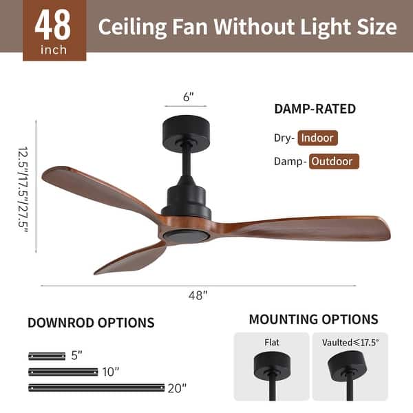 dimension image slide 5 of 6, Sofucor 48 Inch Ceiling Fan with Light and Remote,Solid Wood Blades Low Profile,Smart Optional Work with Alexa/Google/App