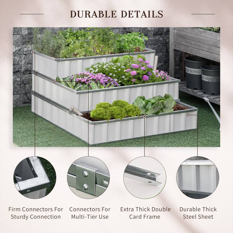 Outsunny 3-Tier Metal Raised Garden Bed, Elevated Outdoor Planter Box Kit for Vegetables, Herbs, and Flowers