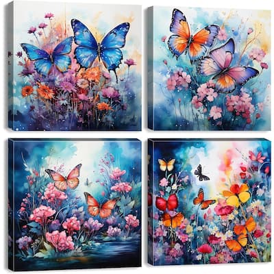Blue Butterfly Canvas Wall Art Colorful Flower Pictures Abstract