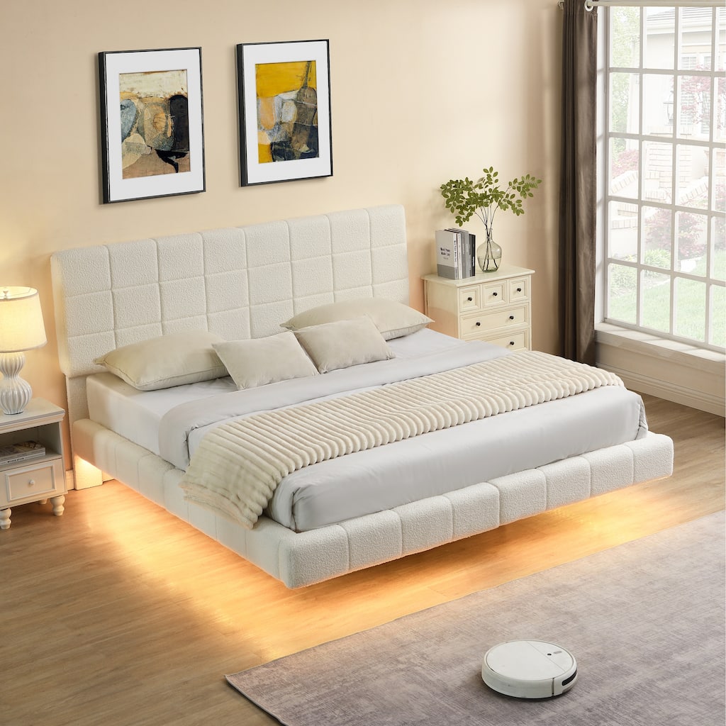 Queen / King White Boucle Floating Bed with LED Mood Lighting and Anti Collision Design